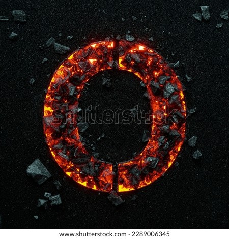 A photo of a burning capital letter O on a black background is made of hot coals.