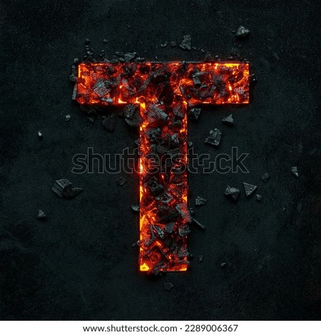 A photo of a burning capital letter T on a black background is made of hot coals.