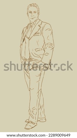 Digital illustration of a man with suit and tie, standing with hands on his hips