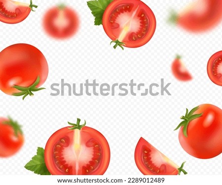 Falling tomato. Fresh red tomatoes falling on transparent background. ketchup advertising. Realistic 3d vector Royalty-Free Stock Photo #2289012489