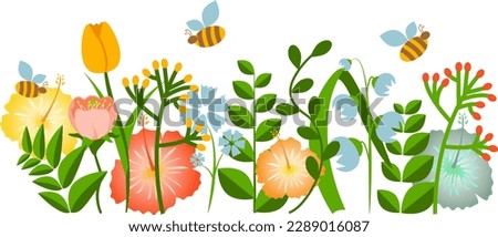 Decorative border made of various summer and spring garden plants with flowers leaves and bees