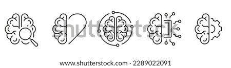 Tech Science, Brainstorm, Knowledge Black Line Icon Set. Human Brain and AI Pictogram Collection. Artificial Intelligence Symbol on White Background. Editable Stroke. Isolated Vector Illustration Royalty-Free Stock Photo #2289022091