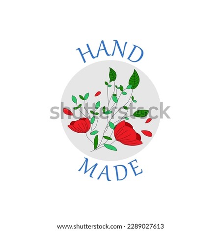circular logo for handmade business on a background with red flower and green leaves