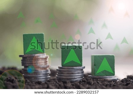 Money growth in soil with wood blocks a symbol of the trend and interest rate to up. Wood cube and changes the orientation of an arrow to up. Interest rate financial and mortgage rates concept Royalty-Free Stock Photo #2289032157