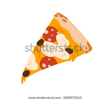 Pizza slice, Italian fast food, triangle cut piece. Cheesy snack with melted cheddar and mozzarella cheese, pepperoni sausage, dough crust. Flat vector illustration isolated on white background