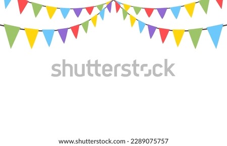 Celebrate hanging triangular garlands. Colorful perspective flags party isolated on white background. Birthday, Christmas, anniversary, and festival fair concept. Vector illustration flat design. Royalty-Free Stock Photo #2289075757