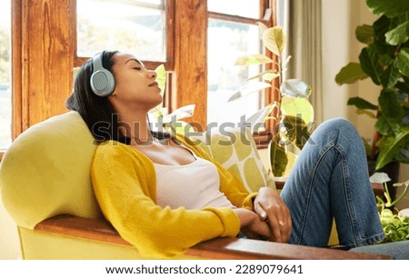 Woman, meditation and headphones, listen to music or podcast for peace and stress relief, sleeping and relax at home. Streaming online, self care and wellness with content female listening to radio Royalty-Free Stock Photo #2289079641