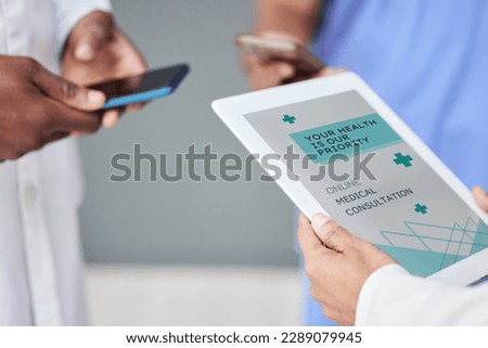 Tablet screen, phone and doctors hands in medical telehealth, virtual and online consultation on website for contact us. Healthcare people on mobile app and digital hospital or health insurance info