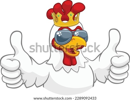 A chicken rooster cockerel bird cartoon character in a kings gold crown and cool shades or sunglasses giving a double thumbs up
