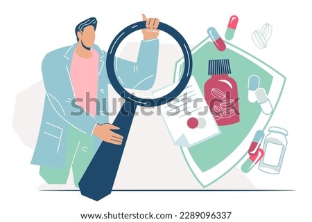 Drugs approvals and pharmaceuticals regulations, FDA and safety control, vector illustration isolated on white. Medications certification and FDA or food and drugs administration standard. Royalty-Free Stock Photo #2289096337