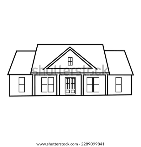Blue colored detached, single family house with garden. Hand drawn line art cartoon vector illustration.Single one line drawing of green fresh modest house at countryside. 