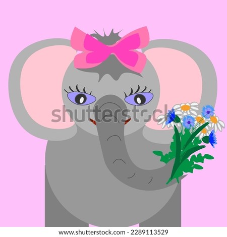 Vector graphics. Funny elephant with a pink bow on her head and a bouquet of wild flowers in her trunk.