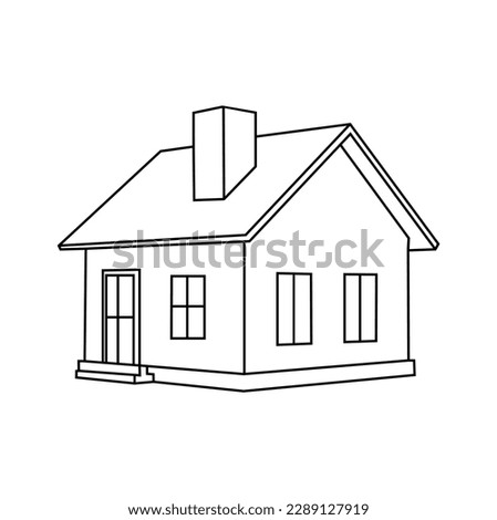 Suburban neighborhood panorama line art with classic, mid-century and contemporary houses.Blue colored detached, single family house with garden. Hand drawn line art cartoon vector illustration.