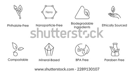 phthalate free, nanoparticle free, biodegradable ingredients, ethically sourced, compostable, mineral based, bpa free, paraben free icon set vector illustration 