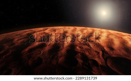 Planet Mars, view from orbit. Relief and craters on the surface of the desert red planet. Cosmic landscape. Royalty-Free Stock Photo #2289131739