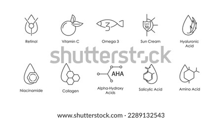 retinol, vitamin c, omega 3, sun cream, hyaluronic acid, niacinamide, collagen, alpha hydroxy acid, amino acid, salicylic acid icon set vector illustration  Royalty-Free Stock Photo #2289132543