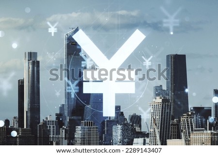 Abstract virtual Japanese Yen symbol illustration on New York city skyline background. Trading and currency concept. Multiexposure