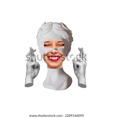 Antique smiling female statue's head with her eyes closed crosses her fingers for good luck waiting results of lottery isolated on white background. Contemporary art. Modern design, creative collage