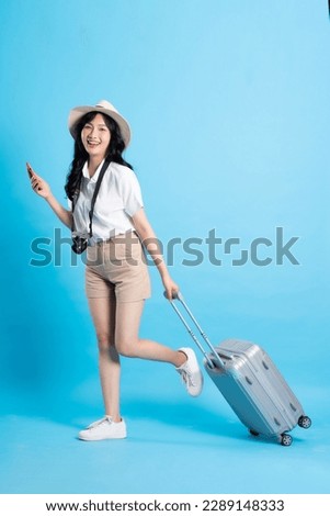 Portrait of beautiful asian girl traveling, isolated on white background