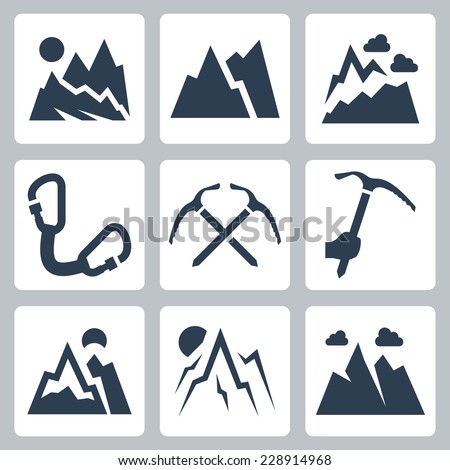 Mountains and mountaineering vector icons set