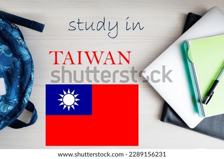 Study in Taiwan. Background with notepad, laptop and backpack. Education concept.