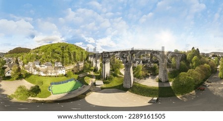 The viaduct is a landmark of the municipality of Willingen Upland. A drone created this panoramic image in the air. Willingen is a popular vacation resort in Sauerland.