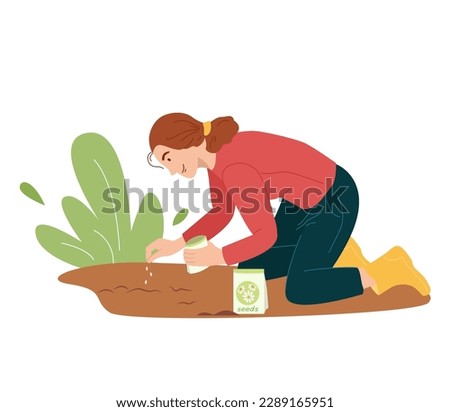 Cute young woman sowing seeds of flowers in the garden in the spring. Female gardener grows plant. Vector illustration in flat style isolated on white Royalty-Free Stock Photo #2289165951