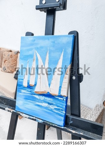Turkey Marmaris 01.04.2023 Painting masterclass. Art party in restaurant. Glass of wine. Aquarelle watercolor, acrylic paints. Beginners class. Seascape nautical marine theme, sea boats, ships sails.