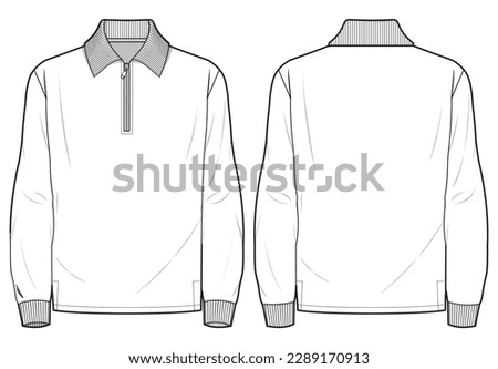 Men's long sleeve collar T Shirt flat sketch fashion illustration drawing template mock up with front and back view. Zip up polo t-shirt vector cad drawing Royalty-Free Stock Photo #2289170913
