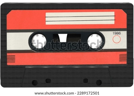 Black audio cassette with a red label. High resolution isolated on white background
