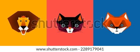 Set of vector illustrations, animals, lion, cat, fox, faces, vibrant colors, graphic design, wall art, kids room, clip art