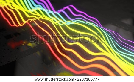 3D ilustration of rainbow light streaks glowing and reacting to the beat Royalty-Free Stock Photo #2289185777
