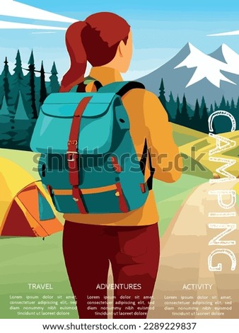 woman with a backpack to travel. vector illustration vertical poster with text. background illustration. camping with mountains and forest in the background