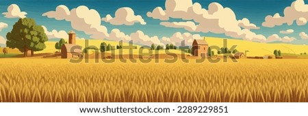 Wheat field sky with clouds. Countryside summer background gold colors grain nature. health food poster. Barley vector illustration vintage style. Wheat grain. Summer landscape with field ripe wheat 