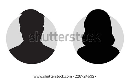 A vector illustration depicting male and female face silhouettes or icons, serving as avatars or profiles for unknown or anonymous individuals. The illustration portrays a man and a woman portrait. Royalty-Free Stock Photo #2289246327