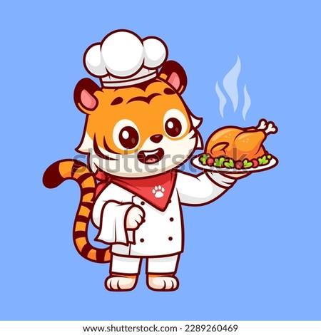 Cute Tiger Chef Cooking Roast Chicken Cartoon Vector Icon Illustration. Animal Food Icon Concept Isolated Premium Vector. Flat Cartoon Style