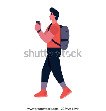man walking with backpack and phone icon isolated