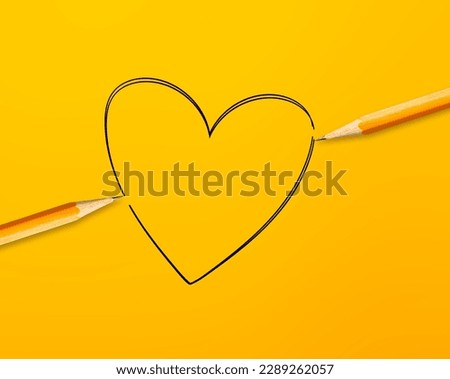 Two pencils drawing a heart shape on yellow background