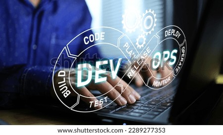 Agile developer or engineer is working on laptop with dev ops cycle virtual screen. IT operations, high software quality and software development. Agile programming development concept. Royalty-Free Stock Photo #2289277353
