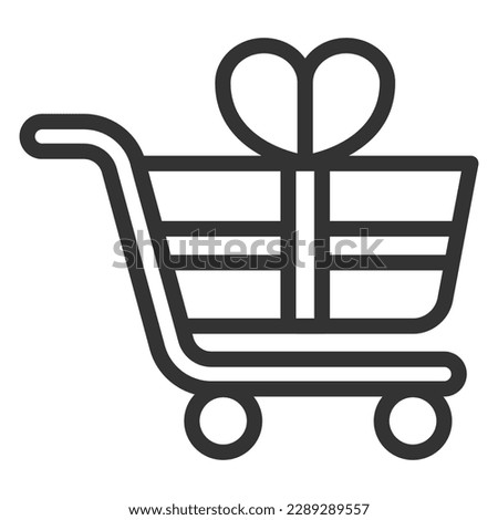 Consumer trolley packed with holiday ribbon and bow  - icon, illustration on white background, outline style