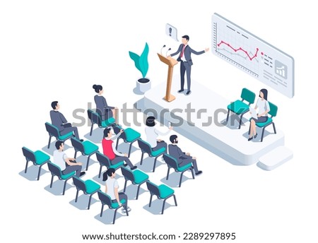 isometric vector illustration on a white background, people in business clothes sit on chairs listening to the presentation of the speaker and looking at the screen with a chart, business conference Royalty-Free Stock Photo #2289297895