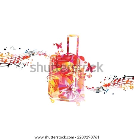 Carry-on luggage with musical notes isolated on white background for a traveler lifestyle concept. Travel suitcase for a vacation trip. Vector illustration