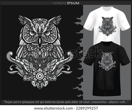 Monochrome color owl bird mandala arts isolated on black and white t shirt.