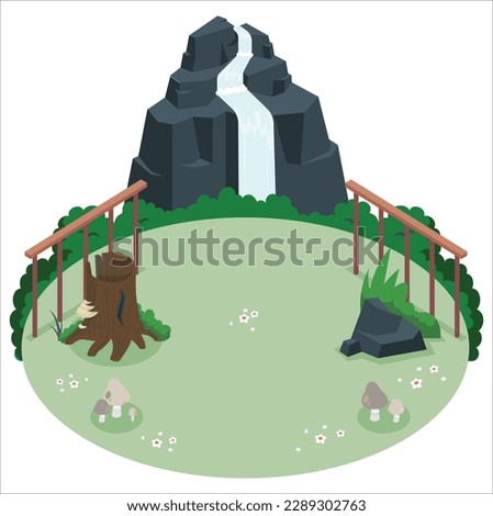 3d Nature landscape vector illustration with cartoon style. Beautiful spring landscape cartoon with green grass. countryside cartoon style illustration of nature landscape with trees and mountain.