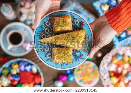 Turkish Baklava with Pistachio in Colorful Ramadan Bayram Candy, Traditional Ottoman Candy (Ottoman Akide Candy) Photograph, Üsküdar Istanbul, Turkey Royalty-Free Stock Photo #2289318145