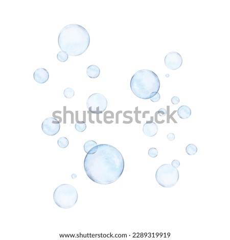 Watercolor drawn set of two wide streams of different size sphere air bubbles rising up on white background. Transparent realistic for sticker, logo, textile priningt, patterns. Scillfully colored 