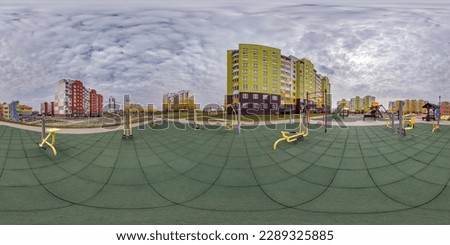 360 hdri panorama view outdoor exercise equipment gym among modern residential complex with skyscrapers and high-rise buildings in equirectangular spherical projection ready VR virtual reality content Royalty-Free Stock Photo #2289325885
