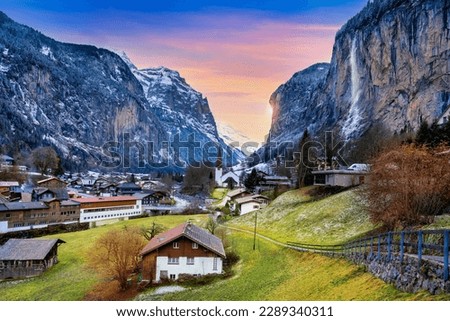 Lauterbrunnen at sunset in the Bernese Oberland, Switzerland. Royalty-Free Stock Photo #2289340311