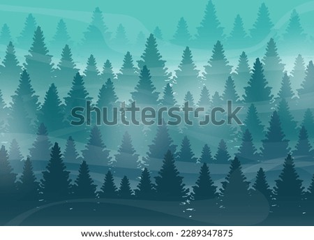 pine trees tops misty forest vector illustration
