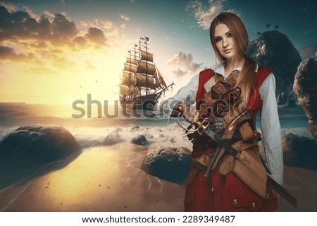 Shot of pirate woman dressed in costume on coast of tropical island.